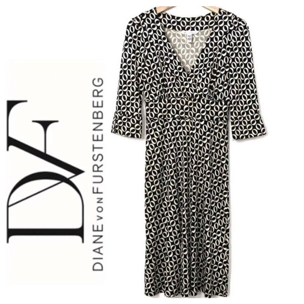 Diane von Furstenberg Enola Silk Faux Wrap V-Neck 3/4 Sleeve Midi Shift Dress 4